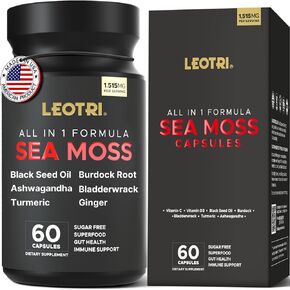 Organic Irish Sea Moss Capsules: Sea Moss 10500mg Black Seed Oil 6000mg Turmeric 3000mg Ashwagandha 3000mg Bladderwrack 3000mg Burdock Root 3000mg Ginger for Skin Gut Health Superfood 60 Capsules