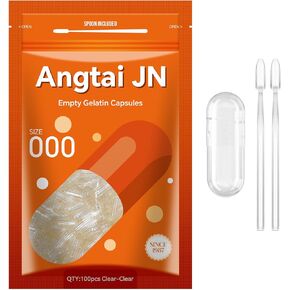 Angtai JN Empty Capsules Size 000 - Clear Gelatin Pill Capsules (100 Count) with Two Miro Lab Spoons - Gel Capsules Empty - DIY Pure Bovine Capsule Filling - Kosher, Gluten Free - Non-GMO Certified