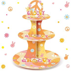 Nuenen 3 Tier Groovy Hippie Cupcake Stand Party Decorations Retro Hippie Boho Cupcake Holder Daisy Flower Groovy Rainbow Dessert Tower for Teens Adults Groovy Hippie Theme Birthday Party (Groovy)