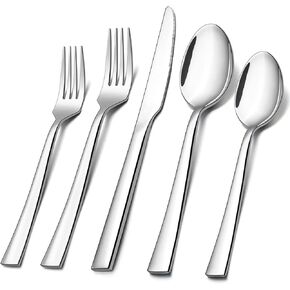 E-far 60-Piece Silverware Set, Stainless Steel Flatware Set Service for 12, Tableware Cutlery Set for Home Restaurant Party, Dinner Forks/Spoons/Knives, Square Edge & Mirror Polished, Dishwasher Safe