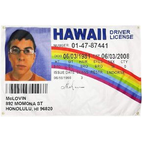 3×5 FT McLovin Fake ID Flag Driver License Flag with 4 Brass Grommets 100D Double Stitched Funny Banner Decor for Dorm College