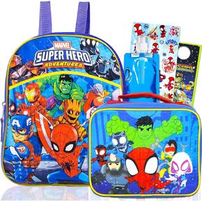 Avengers Mini Backpack with Lunch Box Set - Bundle with 11" Avengers Backpack, Spiderman Lunch Bag, Water Bottle, Stickers, More | Marvel Superhero Adventures Backpack with Lunch Box