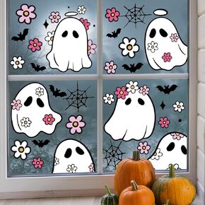 84Pcs Halloween Window Clings Floral Ghost Window Stickers Cute Double-Side Glass Decals for Home Party Favor Supplies, 7.9 x 11.8 Inch, 9 Sheets