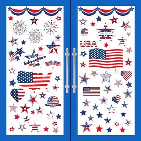Patriotic Window Clings Stickers Independence Day Window Clings Stickers USA Stars Flag Fireworks Window Decals Blue Red White Double-Sided for 4th of July Veterans Memory Day Party Supplies 9 Sheets
