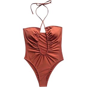Women's Criss Cross Halter Cutout Drawstring Swimsuit, Plunge One Piece Bathing Suit Monokini Swimwear