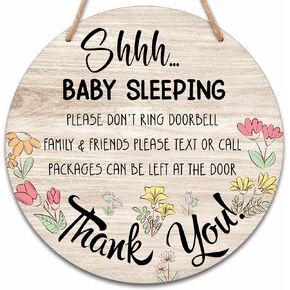 Baby Sleeping Sign for Front Door, Do Not Knock or Ring Doorbell Round Hanging Sign With Rope, Rustic Wooden Baby Bedroom Nursery Home Front Door Porch, New Mom Gifts, B(04)