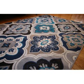 Generations New Contemporary Panal and Diamonds Beige Navy Coral Blue Grey Modern Area Rug Rugs 5'2 x 7'3