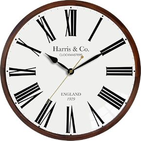 HARRIS & CO. CLOCKMASTERS ( 13 Inch Luxury Wooden Frame Curved Glass Silent Sweep Noiseless Technology Roman Design Wall Clock with Spade Hands Model Name - EUSTON ROAD