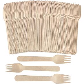 100 Pack Disposable Wooden Forks - 6.3 Inch Splinter-free Compostable Bamboo Forks - Natural Biodegradable Utensils for Parties, Camping, Picnics, BBQs, and Weddings