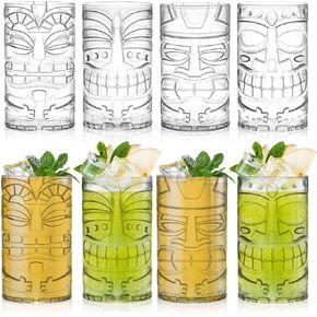 8 Pack 17oz Plastic Tiki Cups, Clear Tiki Plastic Mug Cups, Tiki Hawaiian Party Drinking Tumblers, Exotic Zombie Cocktails Mugs, Reusable Mai Tai Glasses for Cocktails, Lemonade, Halloween