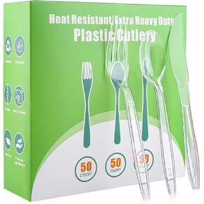 90PCS Clear Plastic Silverware Extra Heavy Duty Disposable Cutlery Set 30 Forks 30 Spoons 30 Knives BPA-Free Heat Resistant Disposable Plastic Utensils Set for Party Wedding Everyday Use