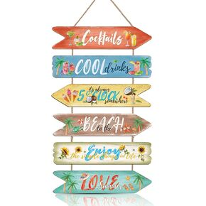 Summer Beach Wood Sign Plaques(11.81" x 4.33"), Ocean Themed Wooden Wall Hanging, Colorful Spring Hanging Sign Decoration for Pool Party Camper Vacation