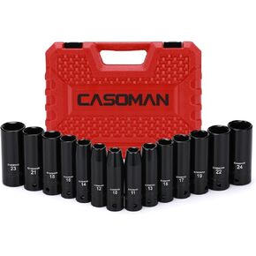 CASOMAN 1/2-Inch Drive Deep Impact Socket Set, Metric, Cr-V, 6-Point, 10 mm - 24 mm, 14-Sockets Set