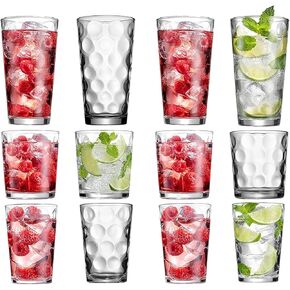 Set of 12 Elegant Everyday Stackable Drinking Glasses - Includes 4-17oz Highball Tumbler Glassware, 4-13oz DOF Rock Glasses, 4-7oz Juice Glasses for Mixed Drinks, Water, Beer, Wine.