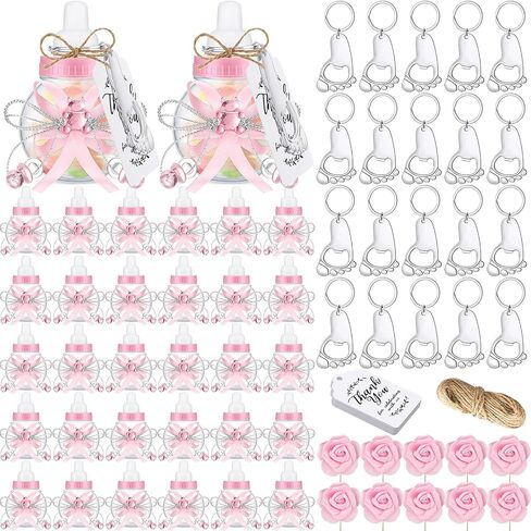 154 قطعة من هدايا استحمام الطفل للفتيات، 48 قطعة من زجاجات الأطفال الوردية الصغيرة، 48 فتاحة زجاجات على شكل سلسلة مفاتيح ببصمة القدم، 48 قطعة من علامات الشكر، 10 قطع من الزهور الاصطناعية للفتيات، ديكور حفلات استحمام الطفل الوردي in Kuwait