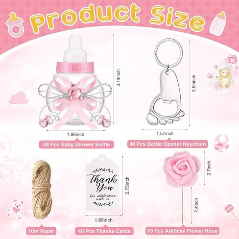 154 قطعة من هدايا استحمام الطفل للفتيات، 48 قطعة من زجاجات الأطفال الوردية الصغيرة، 48 فتاحة زجاجات على شكل سلسلة مفاتيح ببصمة القدم، 48 قطعة من علامات الشكر، 10 قطع من الزهور الاصطناعية للفتيات، ديكور حفلات استحمام الطفل الوردي in Kuwait