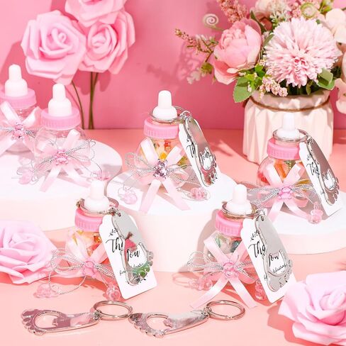 154 قطعة من هدايا استحمام الطفل للفتيات، 48 قطعة من زجاجات الأطفال الوردية الصغيرة، 48 فتاحة زجاجات على شكل سلسلة مفاتيح ببصمة القدم، 48 قطعة من علامات الشكر، 10 قطع من الزهور الاصطناعية للفتيات، ديكور حفلات استحمام الطفل الوردي in Kuwait