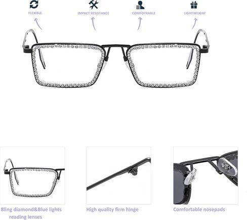 Retro Frame Square Bling Rhinestone Punk Sparkling Crystal Reading Glasses For Women Blue Light Blocking Readers in Saudi Arabia
