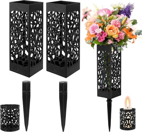 2 Pack Cemetery Decorations for Grave Cemetery Vases with Spikes Drainage Holes Memorial Flower Holder for Cemetery Human Headstones Grave Markers Black Plastic Floral Vase with Hollow Candle Holder in Kuwait