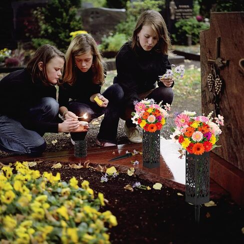 2 Pack Cemetery Decorations for Grave Cemetery Vases with Spikes Drainage Holes Memorial Flower Holder for Cemetery Human Headstones Grave Markers Black Plastic Floral Vase with Hollow Candle Holder in Kuwait