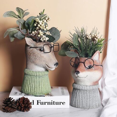 Deer Shaped Vase Wearing Glasses and Scarves, Simulated Animal Vase for Indoor Plants, Large Decor Vases for Dining Table, Aesthetic Apartment Decor (Deer) in Saudi Arabia
