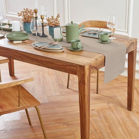 مفرش طاولة من الكتان المنزلي من سولينو بطول 90 بوصة - مفرش طاولة أبيض من الكتان النقي بنسبة 100% مقاس 35.56 × 90 بوصة - مفرش طاولة بخياطة متوسطة الوزن للصيف in Kuwait