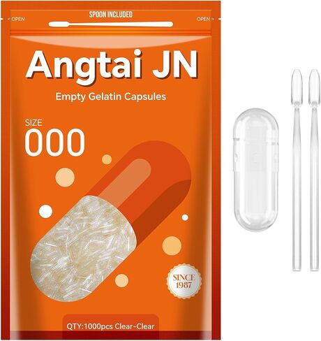 Angtai JN Empty Capsules Size 000 - Clear Gelatin Pill Capsules (100 Count) with Two Miro Lab Spoons - Gel Capsules Empty - DIY Pure Bovine Capsule Filling - Kosher, Gluten Free - Non-GMO Certified in Kuwait