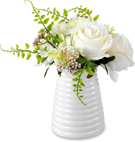 MyGift Modern White Ceramic Flower Vase, Ribbed Design Tabletop Small Vase Decor in Saudi Arabia
