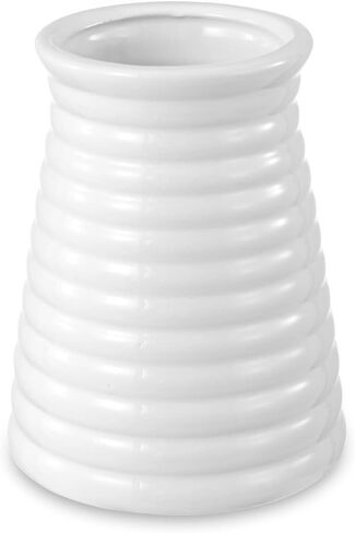 MyGift Modern White Ceramic Flower Vase, Ribbed Design Tabletop Small Vase Decor in Saudi Arabia