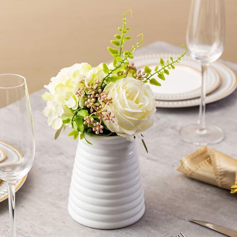 MyGift Modern White Ceramic Flower Vase, Ribbed Design Tabletop Small Vase Decor in Saudi Arabia