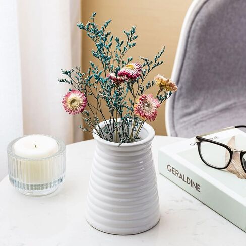 MyGift Modern White Ceramic Flower Vase, Ribbed Design Tabletop Small Vase Decor in Saudi Arabia