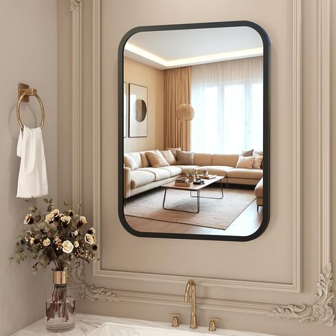 Black Bathroom Wall Mirror for Over Sink 24" × 32" Rectangle Vanity Mirror with Round Corner for Bedroom Seamless Anti-Rust Polymer Coated Shatterproof Glass (Horizontally/Vertically) in Saudi Arabia