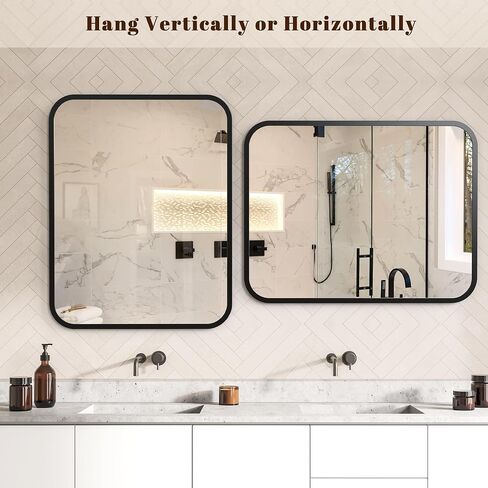 Black Bathroom Wall Mirror for Over Sink 24" × 32" Rectangle Vanity Mirror with Round Corner for Bedroom Seamless Anti-Rust Polymer Coated Shatterproof Glass (Horizontally/Vertically) in Saudi Arabia