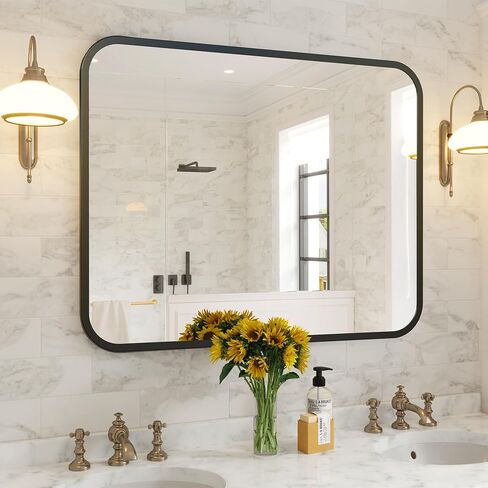 Black Bathroom Wall Mirror for Over Sink 24" × 32" Rectangle Vanity Mirror with Round Corner for Bedroom Seamless Anti-Rust Polymer Coated Shatterproof Glass (Horizontally/Vertically) in Saudi Arabia