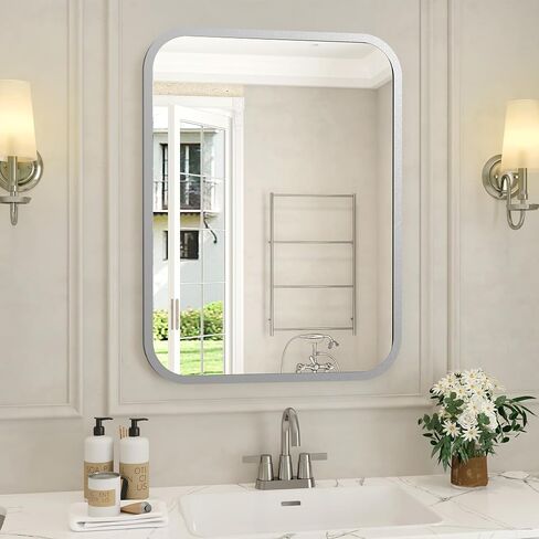Black Bathroom Wall Mirror for Over Sink 24" × 32" Rectangle Vanity Mirror with Round Corner for Bedroom Seamless Anti-Rust Polymer Coated Shatterproof Glass (Horizontally/Vertically) in Saudi Arabia