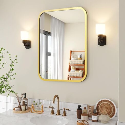 Black Bathroom Wall Mirror for Over Sink 24" × 32" Rectangle Vanity Mirror with Round Corner for Bedroom Seamless Anti-Rust Polymer Coated Shatterproof Glass (Horizontally/Vertically) in Saudi Arabia