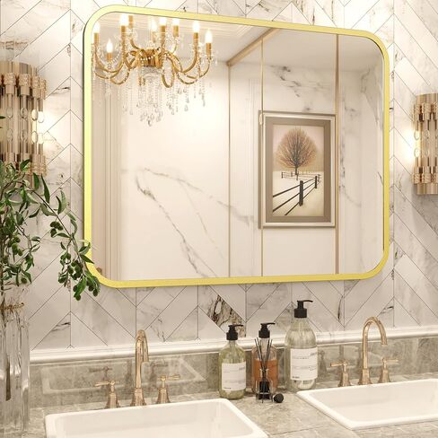 Black Bathroom Wall Mirror for Over Sink 24" × 32" Rectangle Vanity Mirror with Round Corner for Bedroom Seamless Anti-Rust Polymer Coated Shatterproof Glass (Horizontally/Vertically) in Saudi Arabia