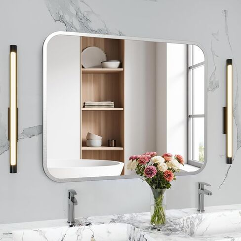 Black Bathroom Wall Mirror for Over Sink 24" × 32" Rectangle Vanity Mirror with Round Corner for Bedroom Seamless Anti-Rust Polymer Coated Shatterproof Glass (Horizontally/Vertically) in Saudi Arabia