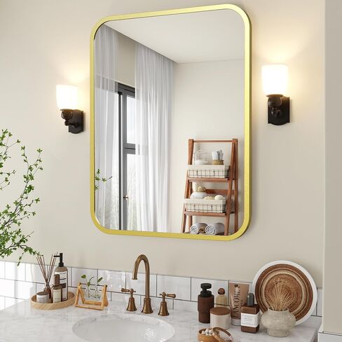Black Bathroom Wall Mirror for Over Sink 24" × 32" Rectangle Vanity Mirror with Round Corner for Bedroom Seamless Anti-Rust Polymer Coated Shatterproof Glass (Horizontally/Vertically) in Saudi Arabia