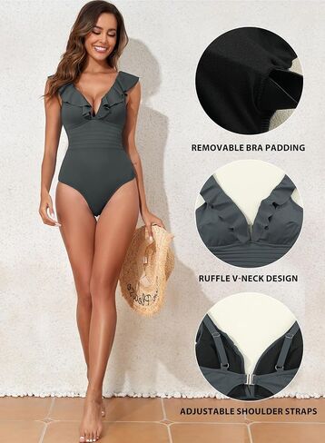 Aleumdr Women's Ruffled One Piece Swimsuit V Neck Tummy Control Swimwear Cut Out Back Bathing Suit in Saudi Arabia