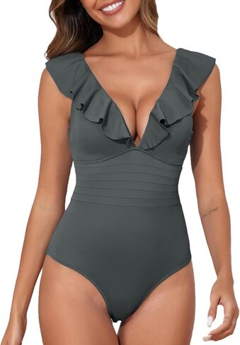Aleumdr Women's Ruffled One Piece Swimsuit V Neck Tummy Control Swimwear Cut Out Back Bathing Suit in Saudi Arabia