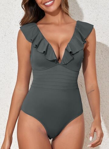 Aleumdr Women's Ruffled One Piece Swimsuit V Neck Tummy Control Swimwear Cut Out Back Bathing Suit in Saudi Arabia