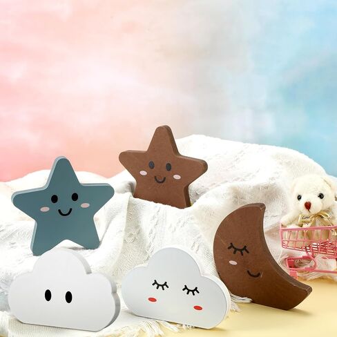 Yousoontic 5 Pcs Cloud Stars and Moon Nursery Decor Bohemian Wood Nursery Shelves Decoration Celestial Nordic Boho Wooden Nursery Shelf Decor Boho Baby Decor for Boys Girls Kids Bedroom in Saudi Arabia