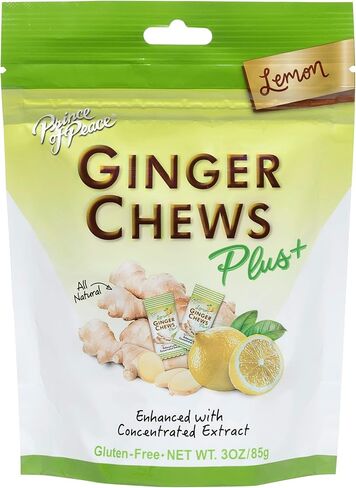 أمير السلام مضغ الزنجبيل بلس + مع الليمون، 3 أوقية. حقيبة – مساعدة الجهاز الهضمي، الإغاثة، الحلوى الصحية، مساعدة المعدة in Kuwait