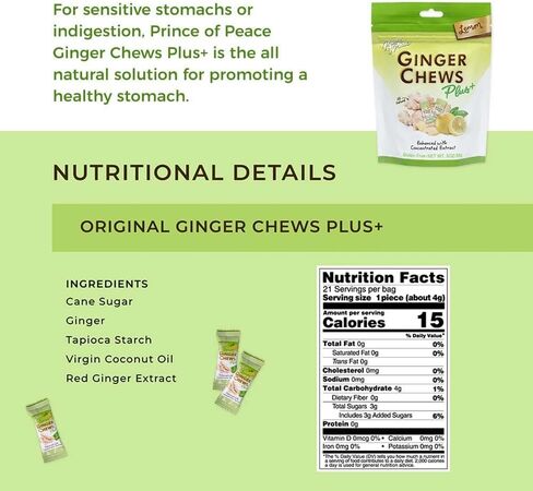 أمير السلام مضغ الزنجبيل بلس + مع الليمون، 3 أوقية. حقيبة – مساعدة الجهاز الهضمي، الإغاثة، الحلوى الصحية، مساعدة المعدة in Kuwait