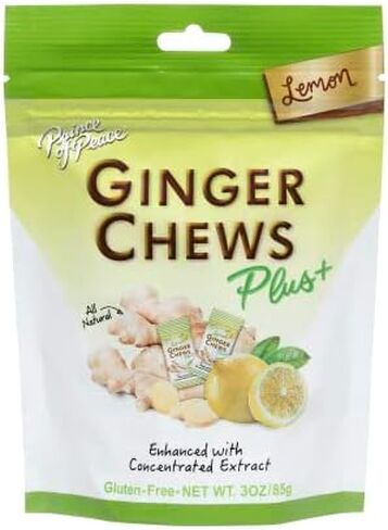 أمير السلام مضغ الزنجبيل بلس + مع الليمون، 3 أوقية. حقيبة – مساعدة الجهاز الهضمي، الإغاثة، الحلوى الصحية، مساعدة المعدة in Kuwait