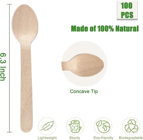 100 Pack Disposable Wooden Forks - 6.3 Inch Splinter-free Compostable Bamboo Forks - Natural Biodegradable Utensils for Parties, Camping, Picnics, BBQs, and Weddings in Saudi Arabia