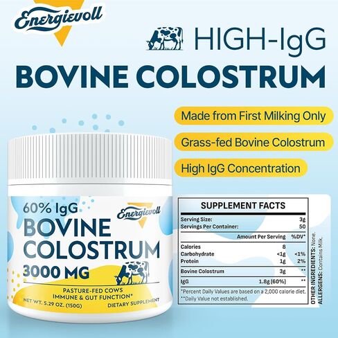 Bovine Colostrum Supplement Powder - 60% IgG 3000 mg for Gut, Hair Growth, Beauty, and Immune, Easy to Mix, Unflavored (50 Servings) in Saudi Arabia
