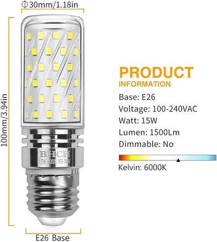 E26 LED Corn Bulbs 15W,6000K Daylight White,1500LM,Edison Screw Bulbs,120W Incandescent Bulbs Equivalent,Pack of 4 in Saudi Arabia