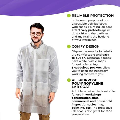 AMZ Medical Supply معطف مختبر أبيض للاستعمال مرة واحدة للنساء والرجال، مقاس كبير، عبوة مكونة من 10 معاطف مختبرية مغزولة منخفضة الوبر PP 30 GSM للبالغين مع معصمين مرنين، وأزرار أمامية، وجيوب in Kuwait